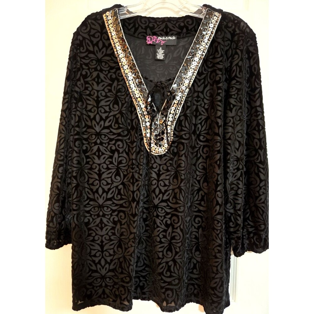 Peck & Peck Burnout Velvet Tunic Top Black Sequin Embellished Boho Women MEDIUM